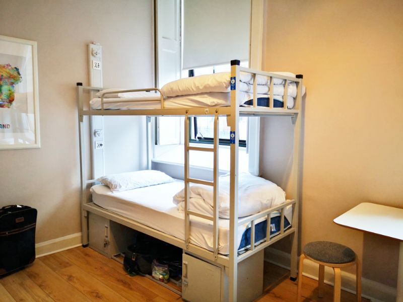 Inside a Hostel Dorm Room with a set of bunk beds