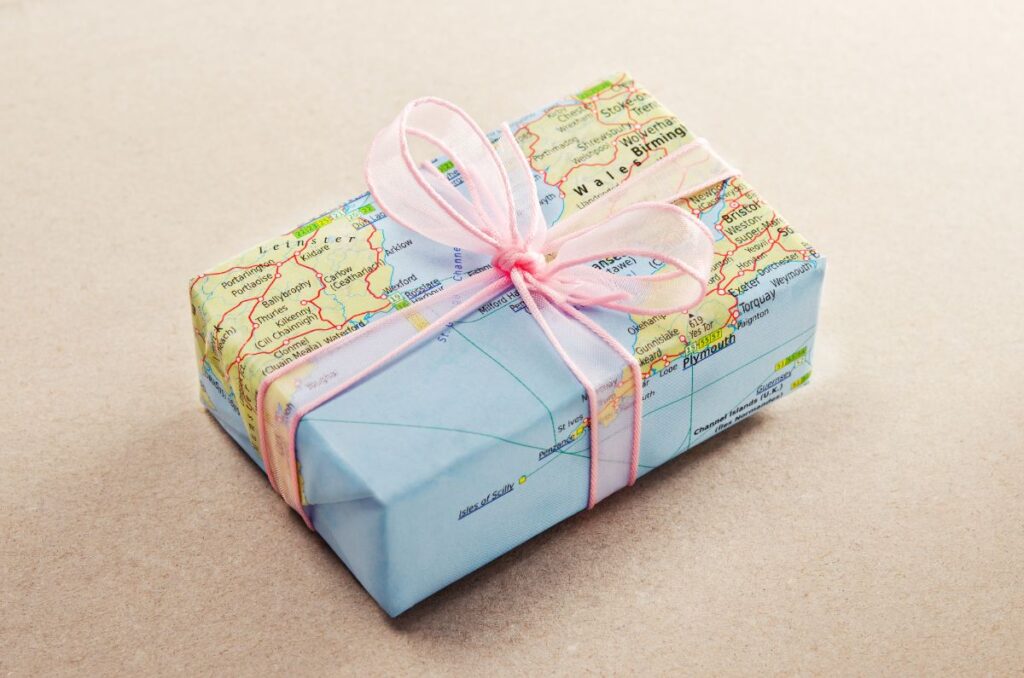 Gift wrapped in map wrapping paper - Barcelona Travel Gifts